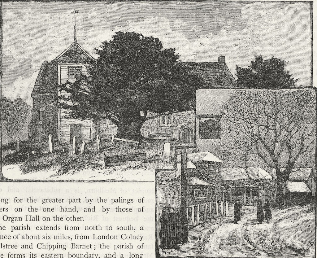 HERTFORDSHIRE. Shenley Church and Village 1888 old antique print picture